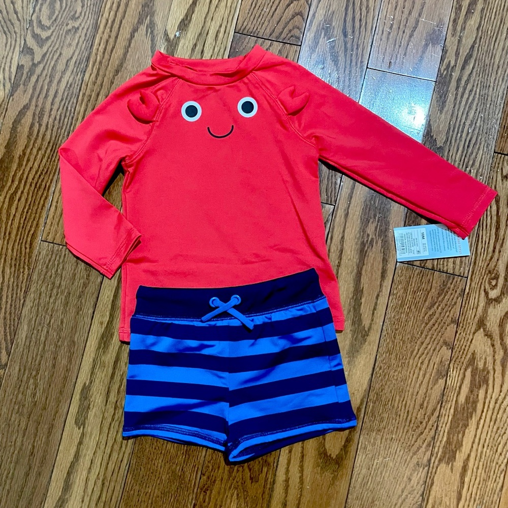NWT- Cat& Jack size 18m blue striped swim trunks & red 3D lobster rash guard
